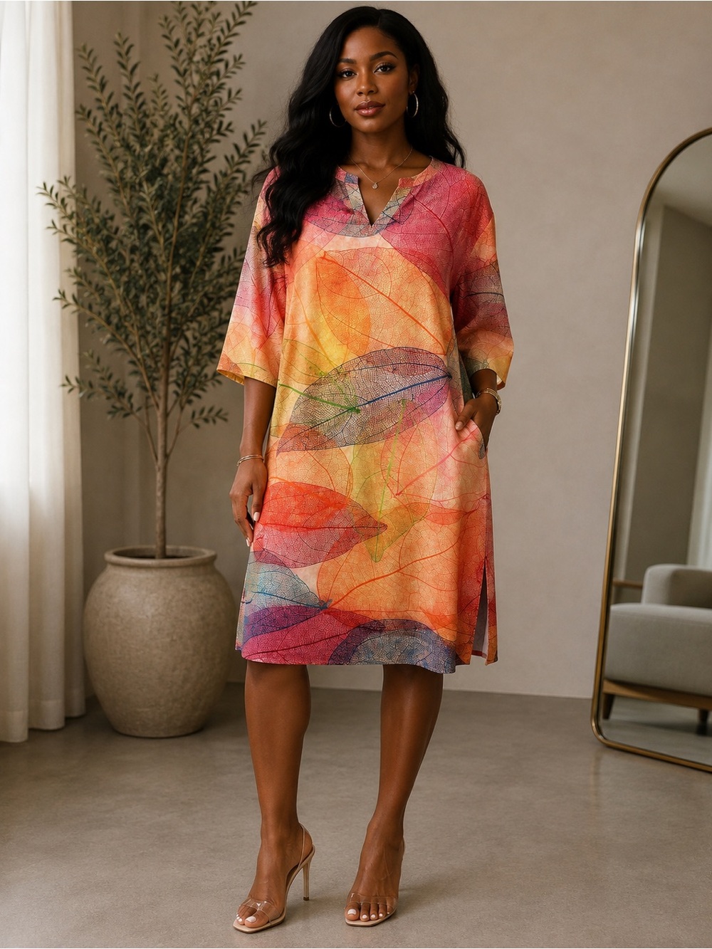 Women's Multicolor Leaf-Print Dress